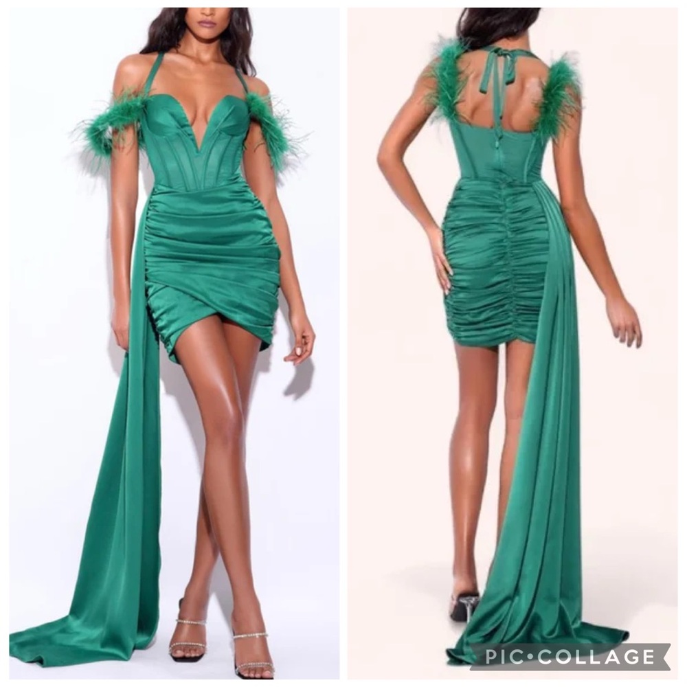 Band New MISS CIRCLE “Wilma” Satin Corset Dress Emerald Green w/ Feathers, Train